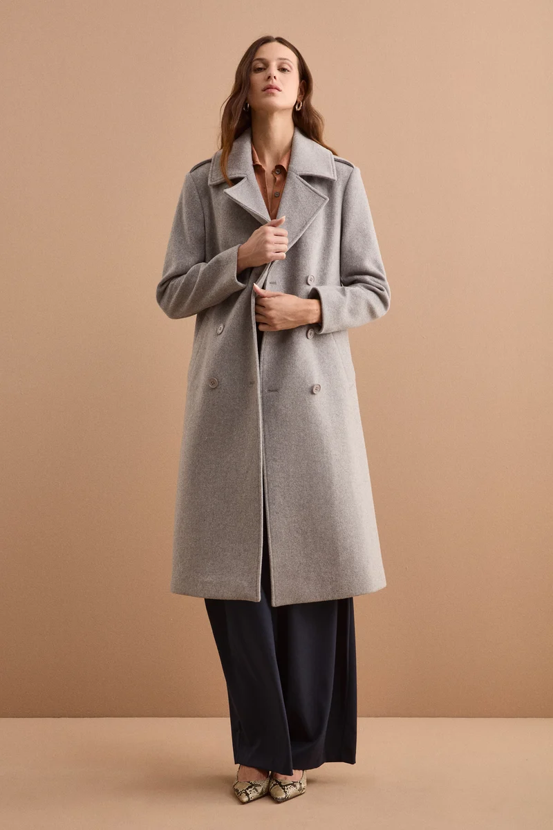 Cappotto Lungo Doppiopetto in Misto Lana Vergine - GRIGIO