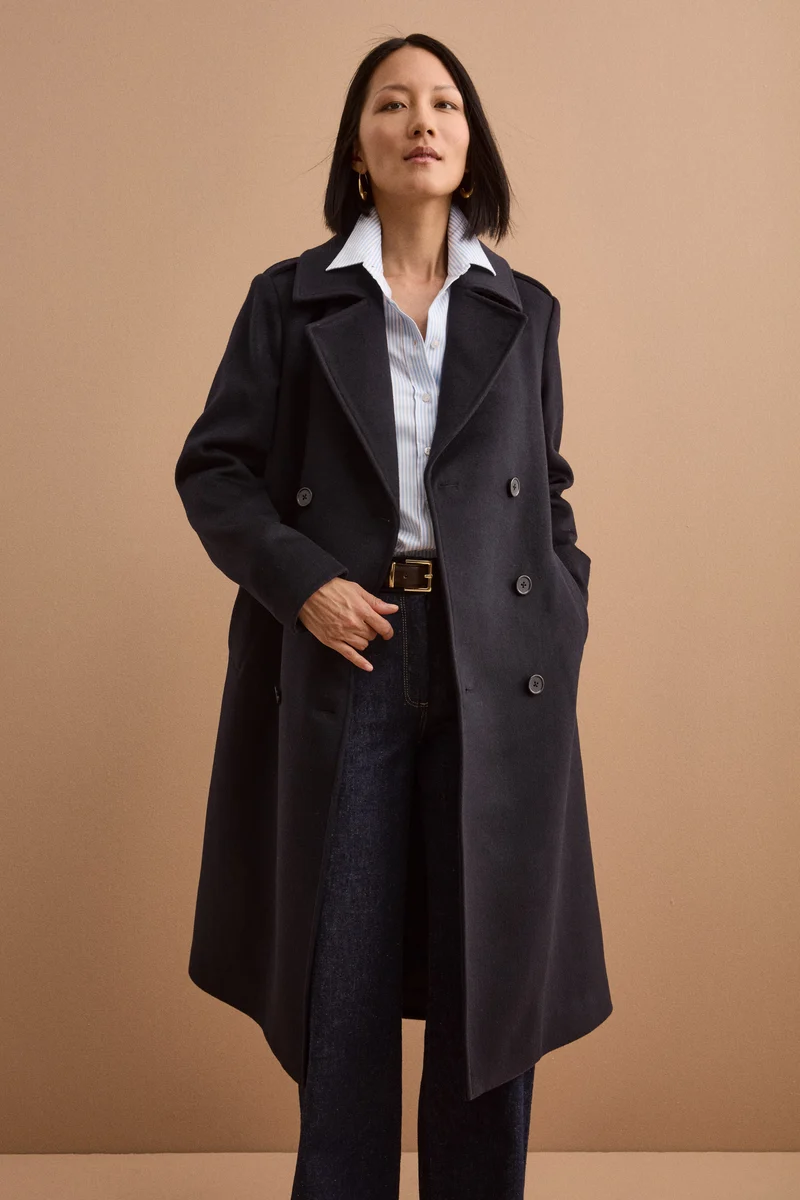 Cappotto Lungo Doppiopetto in Misto Lana Vergine - BLU