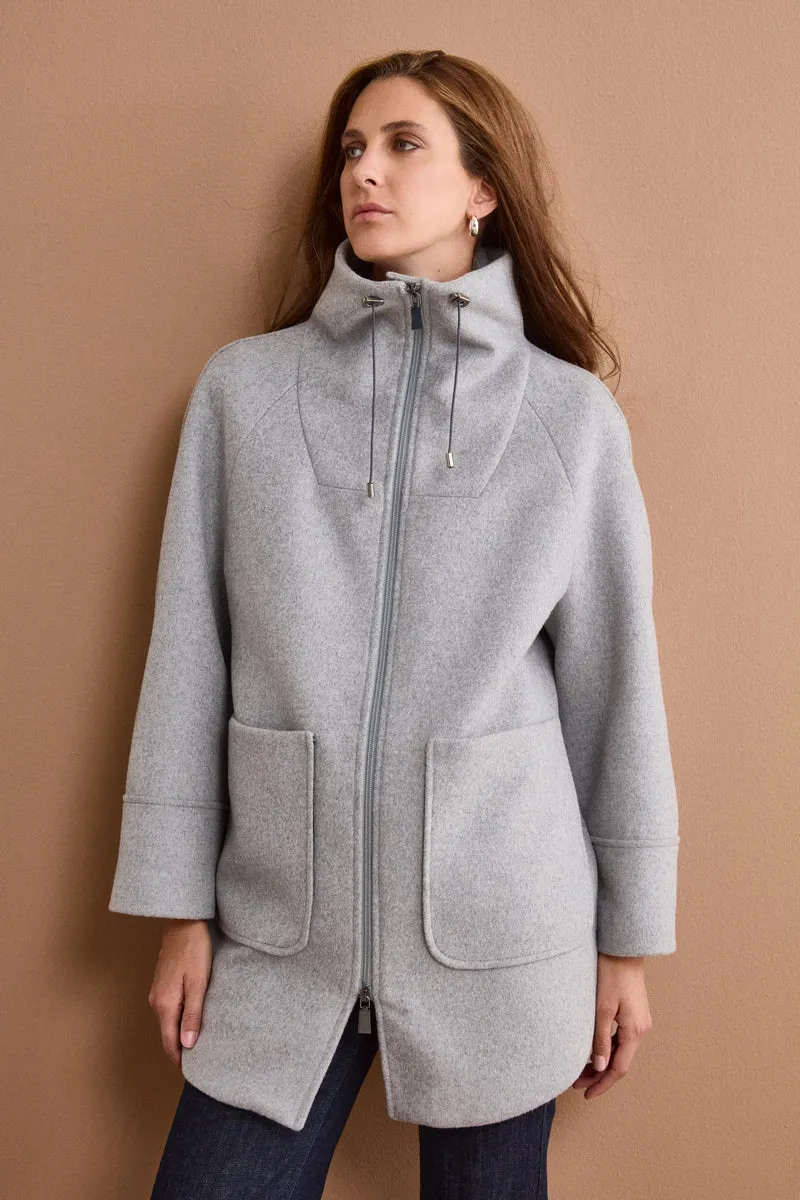 Cappotto Midi in Misto Lana con Zip e Cintura - GRIGIO