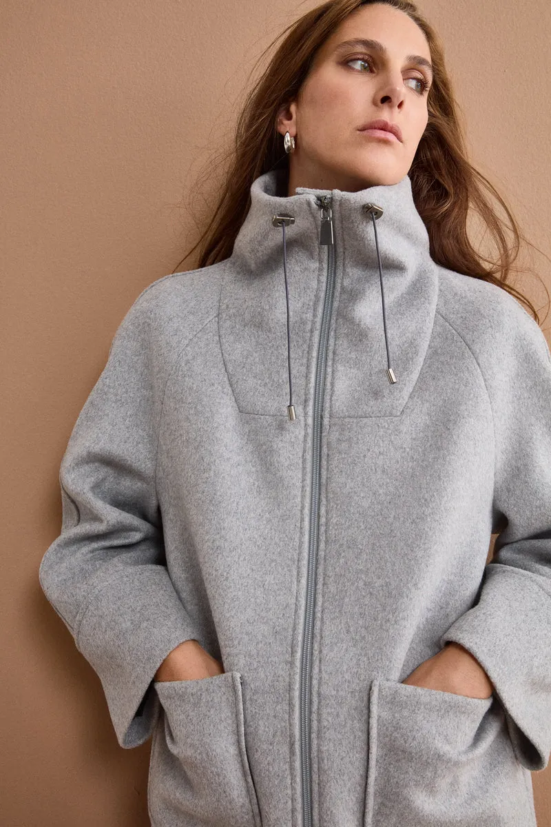 Cappotto Midi in Misto Lana con Zip e Cintura - GRIGIO