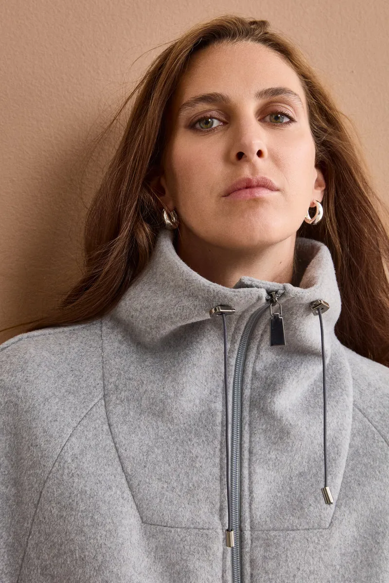 Cappotto Midi in Misto Lana con Zip e Cintura - GRIGIO