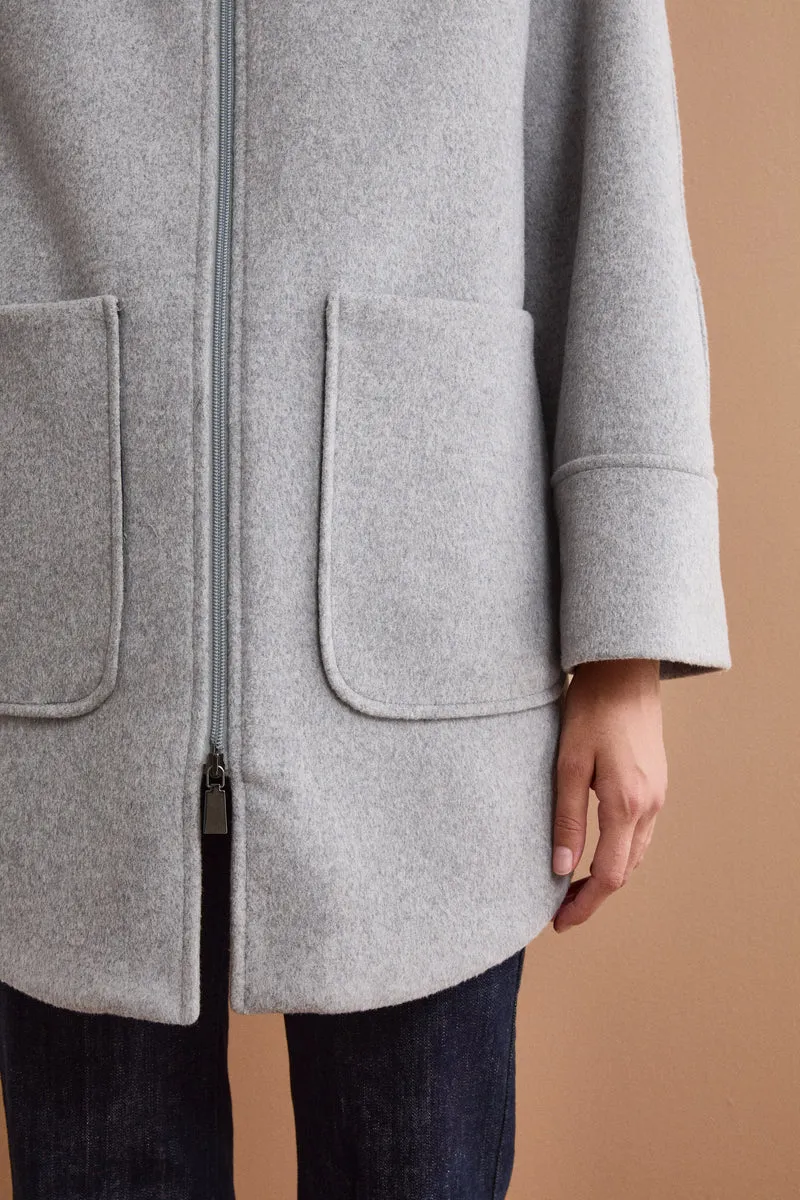 Cappotto Midi in Misto Lana con Zip e Cintura - GRIGIO