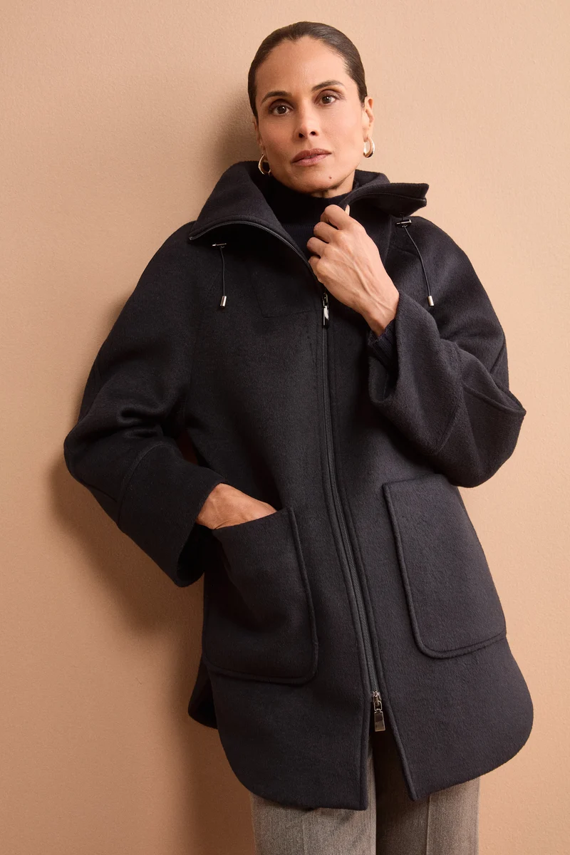 Cappotto Midi in Misto Lana con Zip e Cintura - BLU