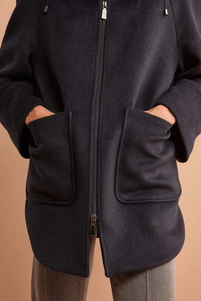 Cappotto Midi in Misto Lana con Zip e Cintura - BLU