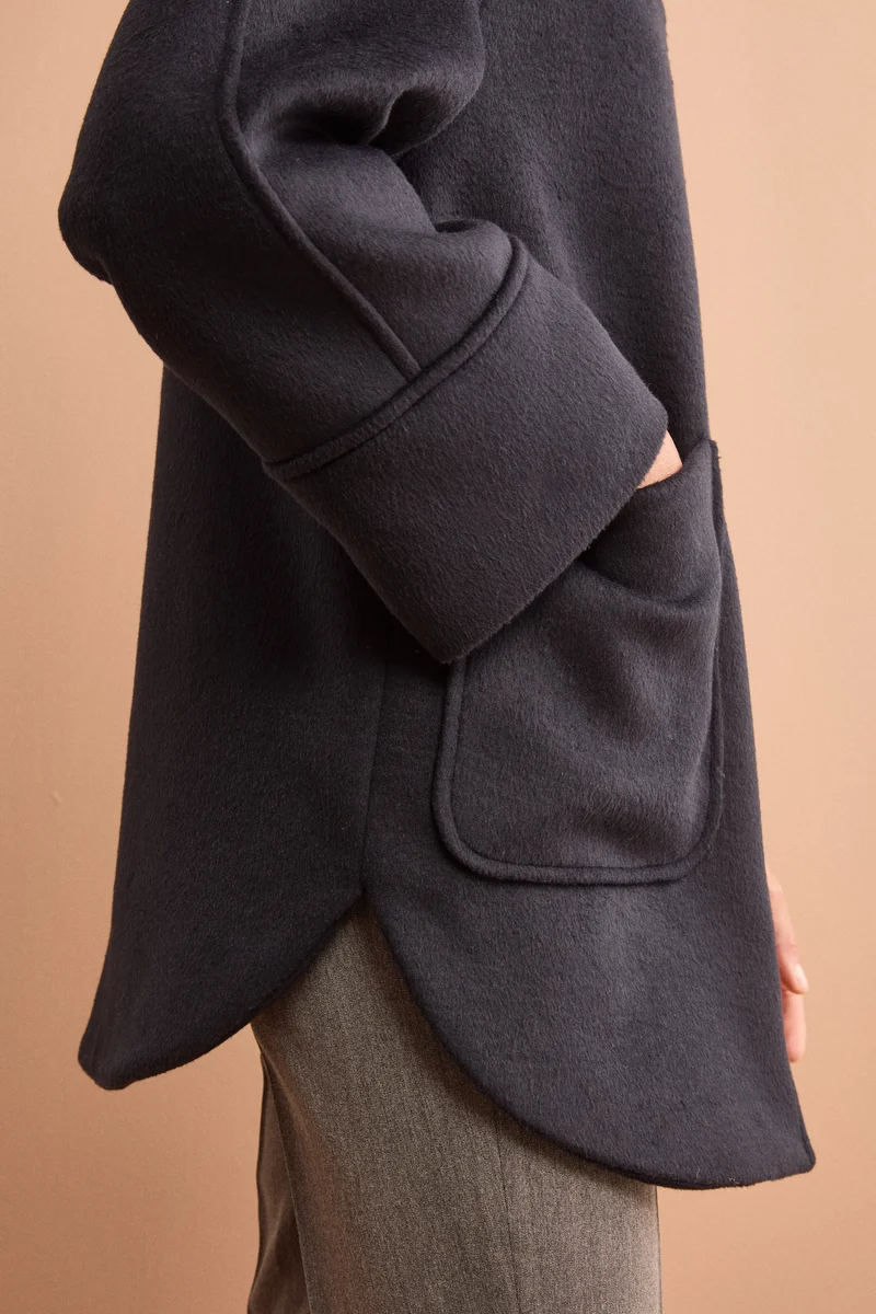 Cappotto Midi in Misto Lana con Zip e Cintura - BLU