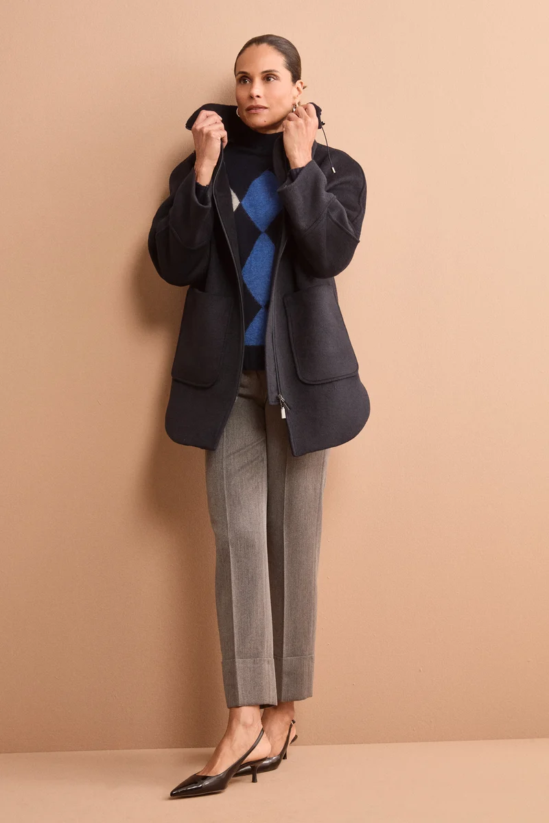 Cappotto Midi in Misto Lana con Zip e Cintura - BLU