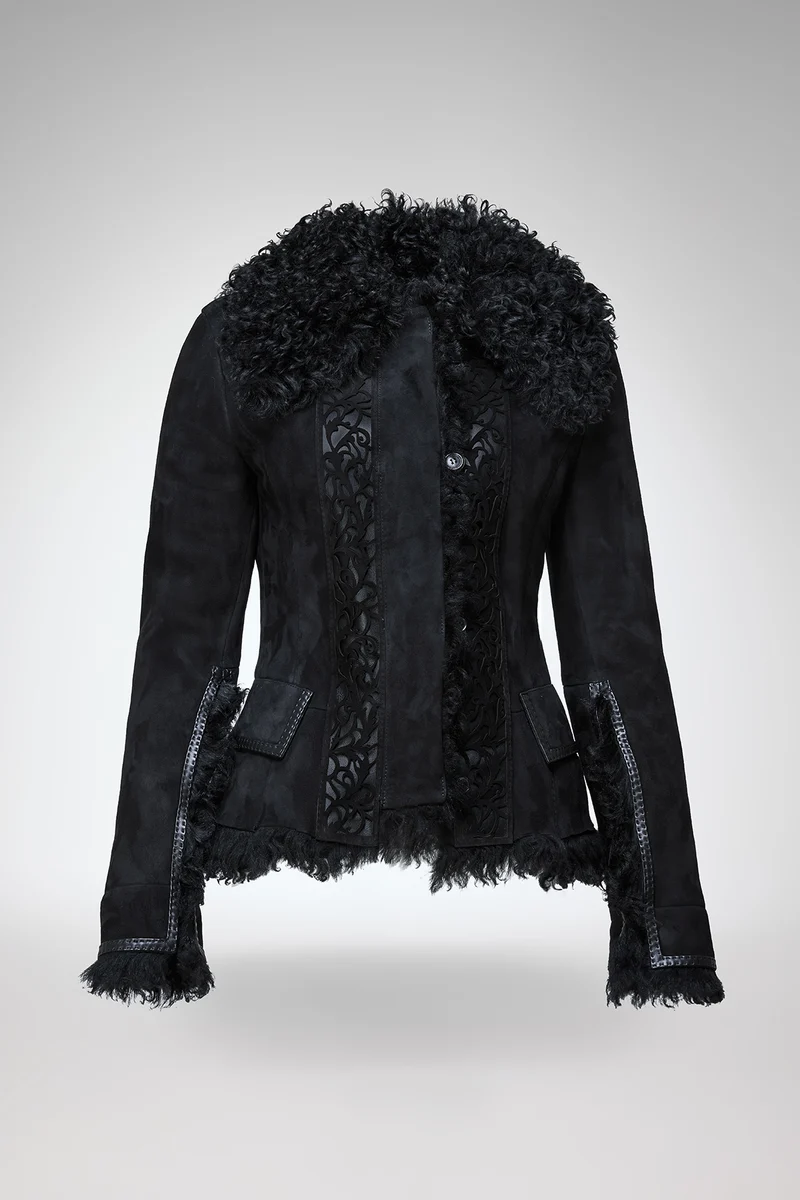 Estela – Schwarze Jacke aus Wildleder und Lammfell