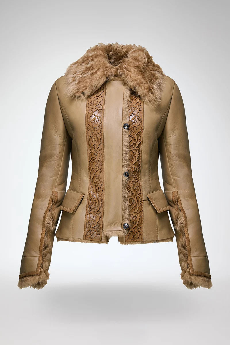 Estela - Kamelbraune Lammfelljacke