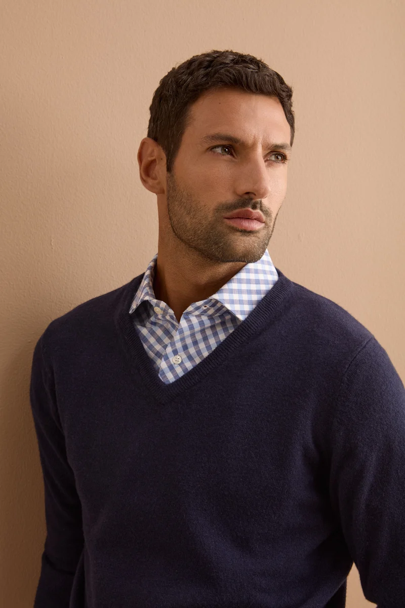 Pullover con Scollo a V in Lana e Cashmere - BLU SCURO