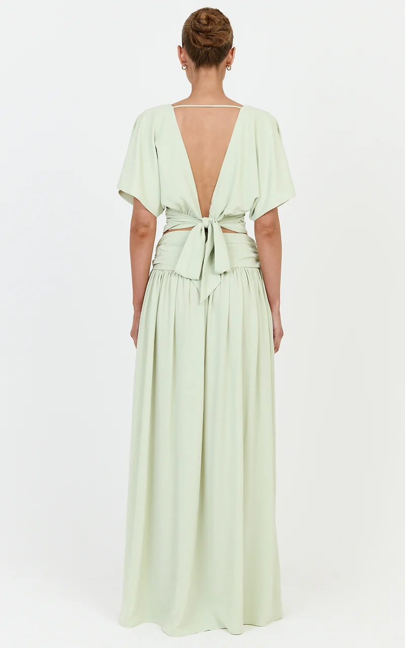 Jade Top - Wide Sleeve Plunge V Neck Tie Back Top in Pistachio