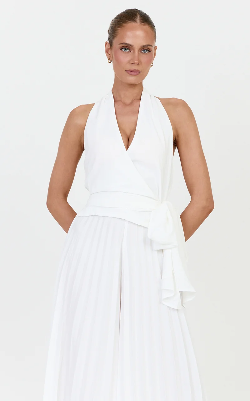 Valentina Top - Halter Neck Front Wrap Sash Detail Top in Off White