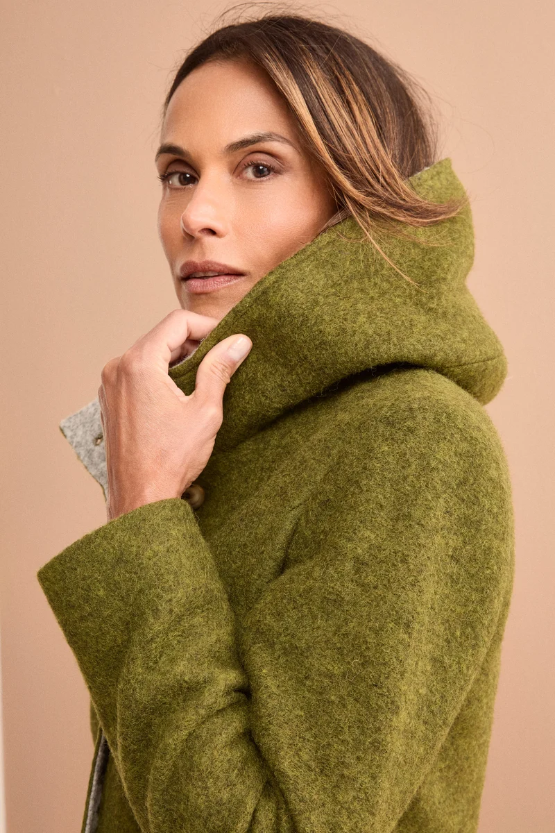 Cappotto Corto con Cappuccio in Misto Lana Cotta - OLIO