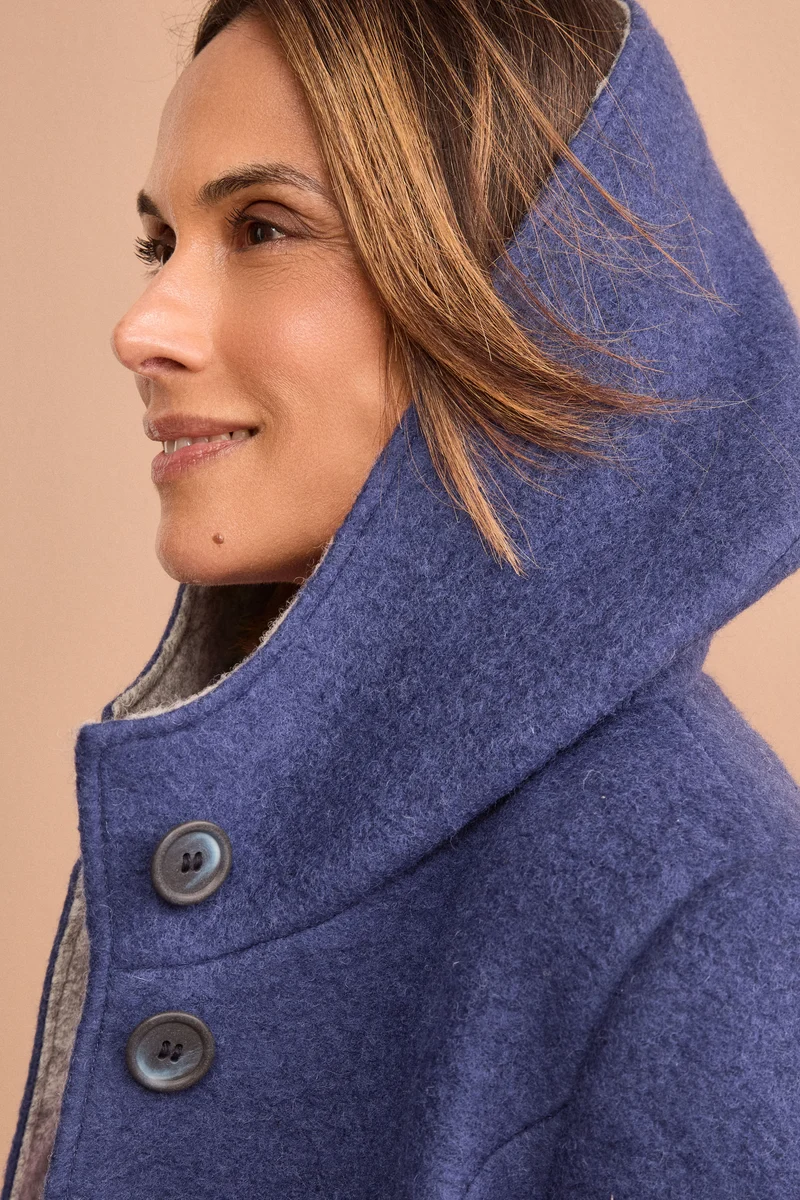 Cappotto Corto con Cappuccio in Misto Lana Cotta - BLU
