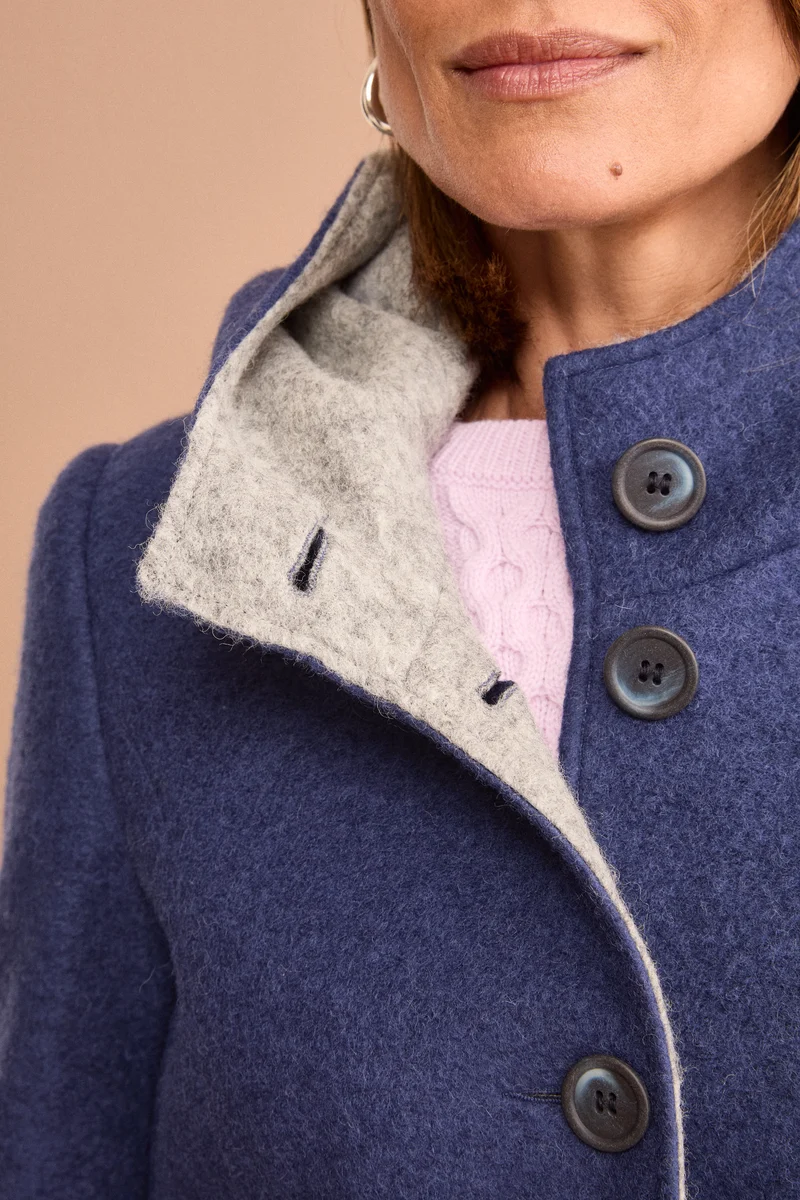 Cappotto Corto con Cappuccio in Misto Lana Cotta - BLU