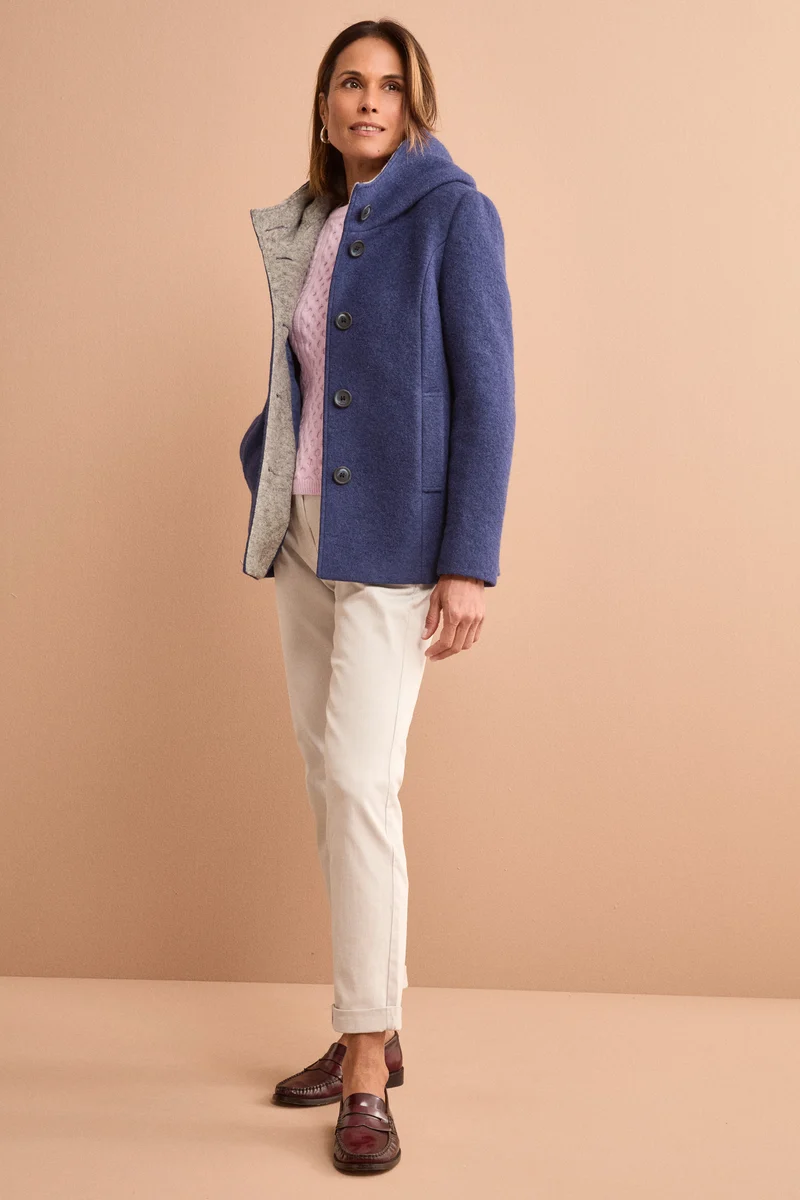 Cappotto Corto con Cappuccio in Misto Lana Cotta - BLU