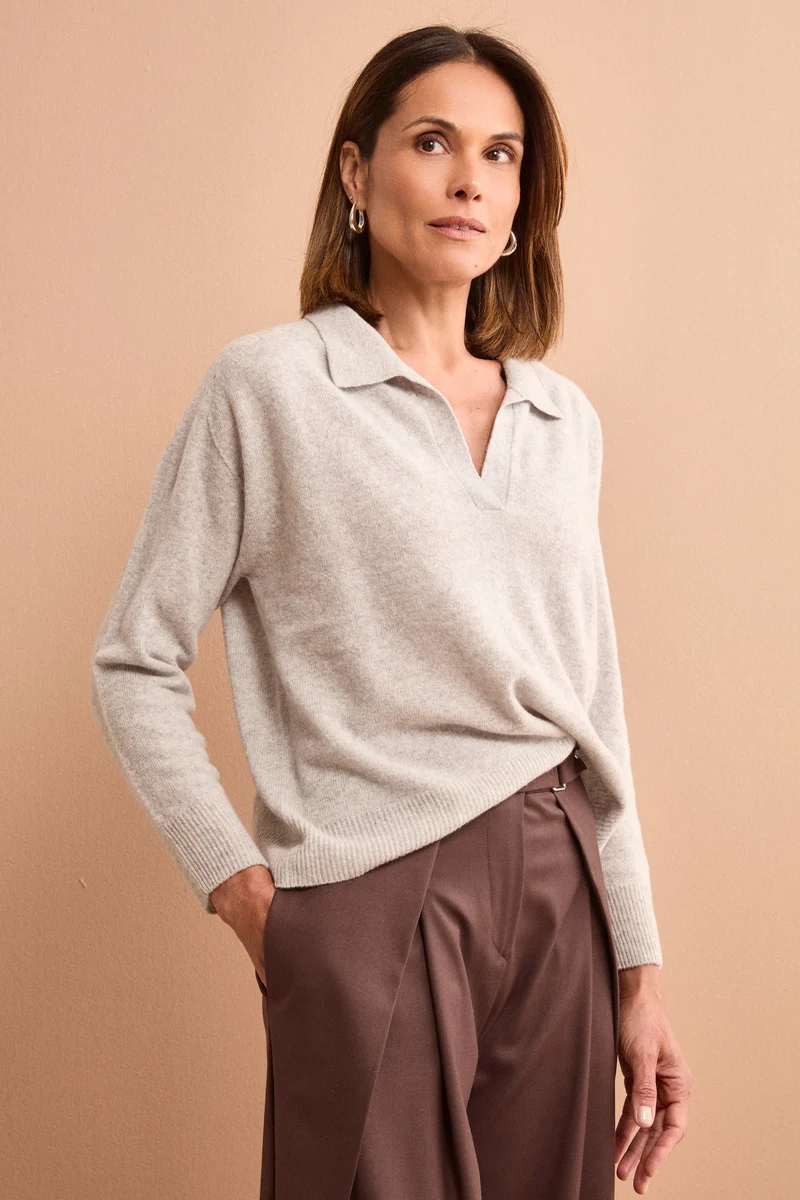 Polo Boxy Manica Lunga in Lana e Cashmere - CENERE