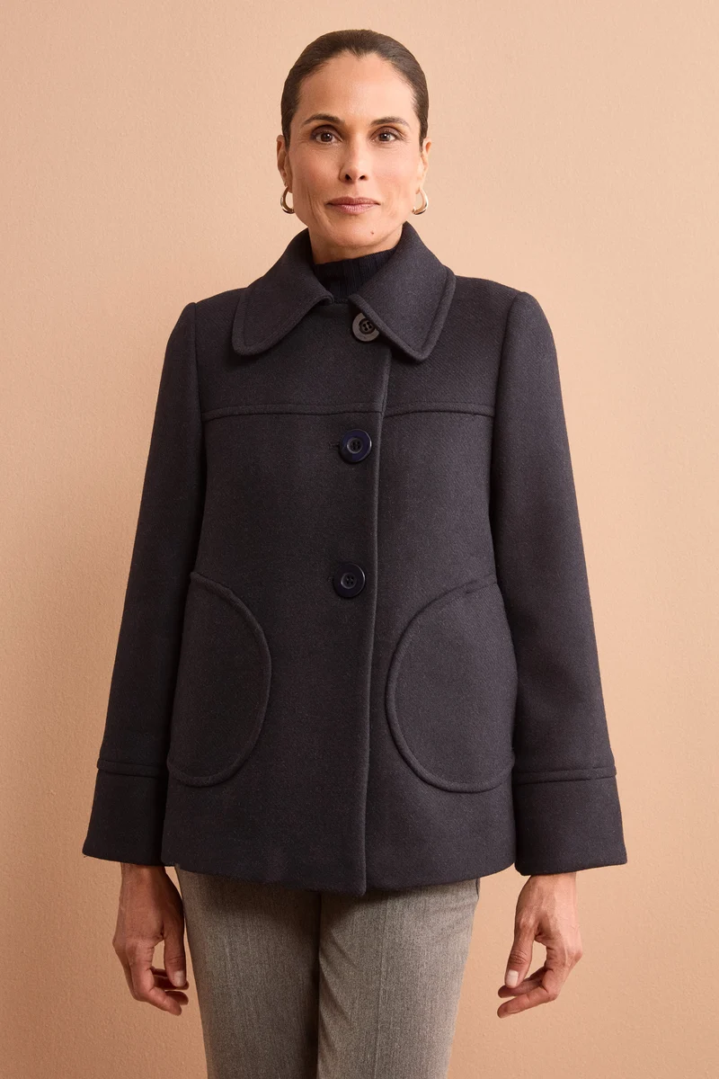 Cappotto Corto con Collo a Camicia in Misto Lana - BLU