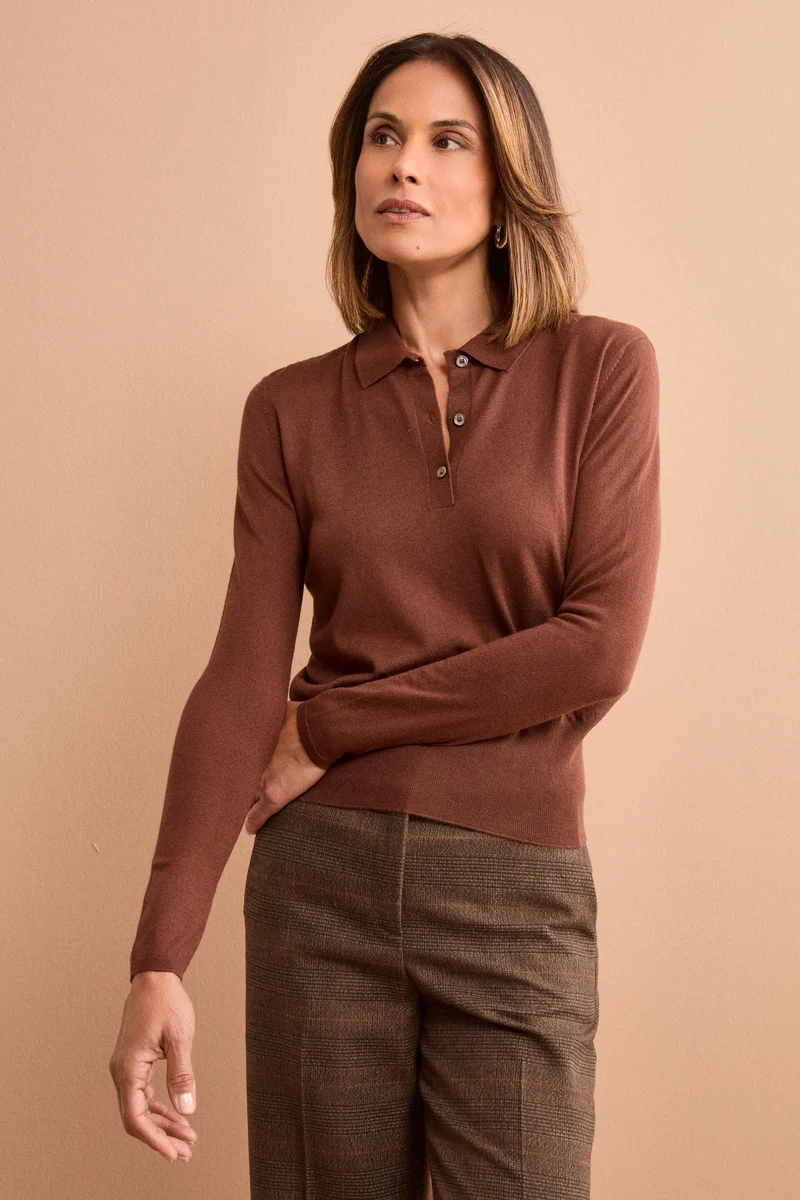 Polo Boxy Manica Lunga in Seta e Cashmere - MARRONE