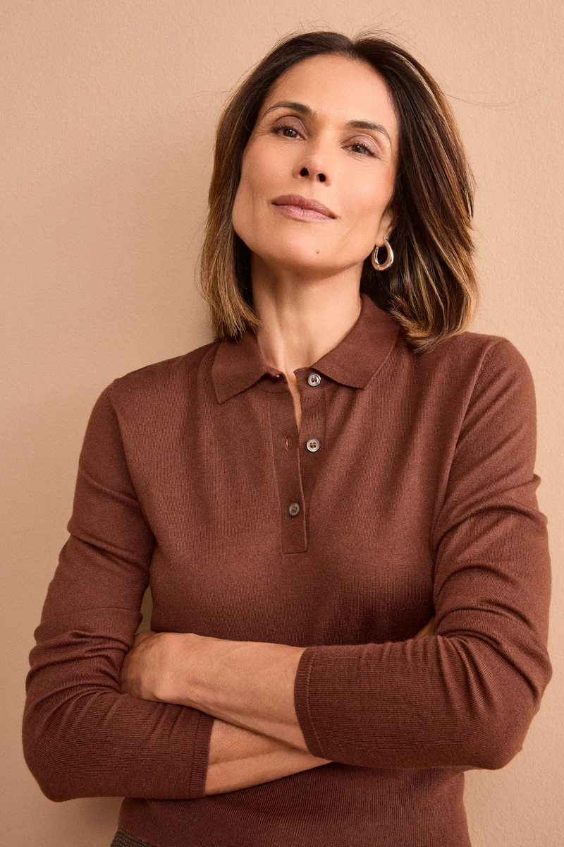 Polo Boxy Manica Lunga in Seta e Cashmere - MARRONE