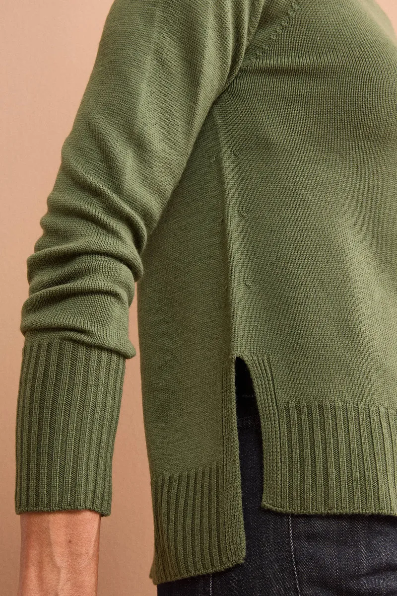 Girocollo con Fondo a Coste in Lana merino - VERDE MILITARE