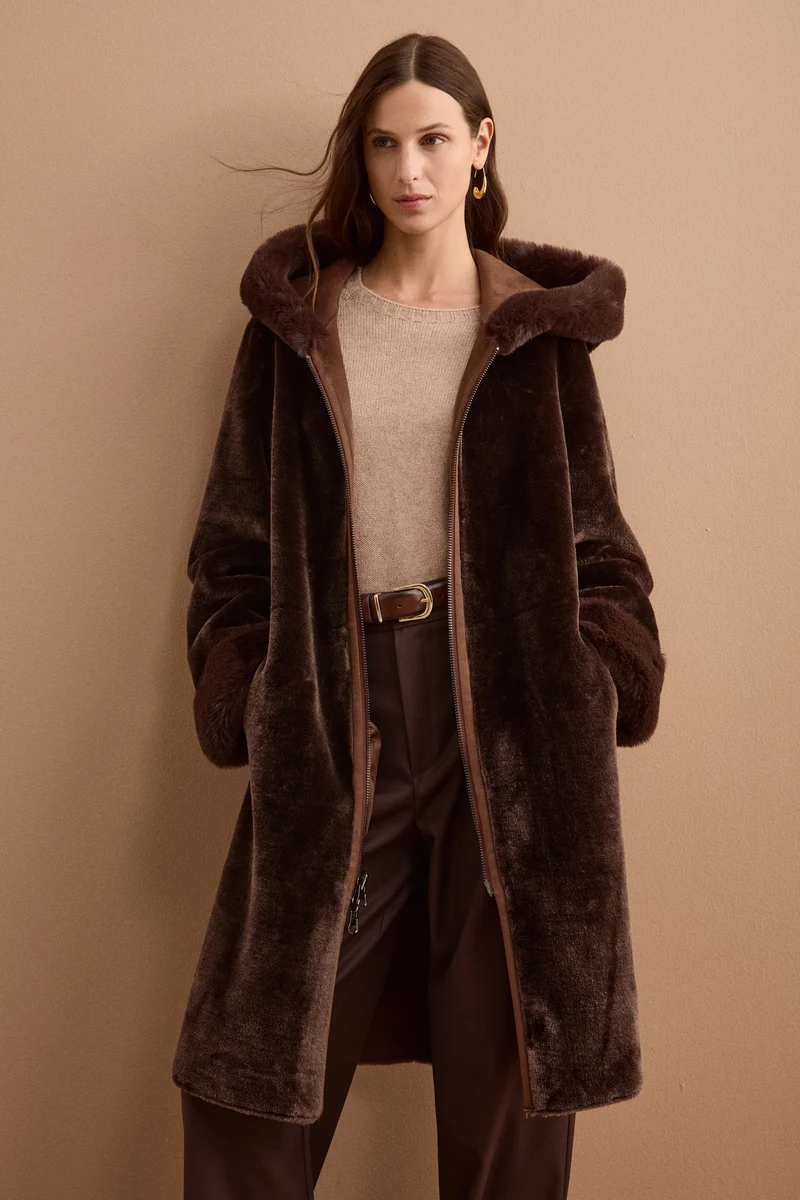 Cappotto Eco-Montone Reversibile con Cappuccio - MARRONE SCURO