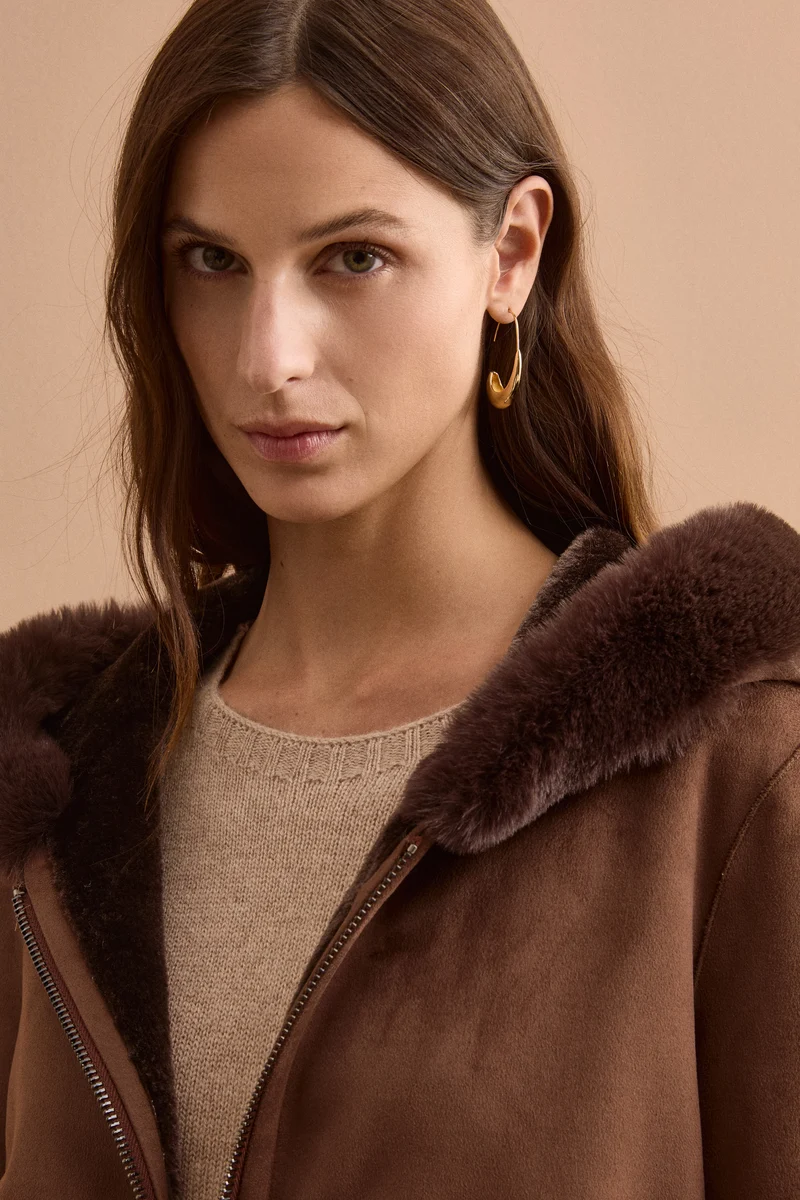 Cappotto Eco-Montone Reversibile con Cappuccio - MARRONE SCURO