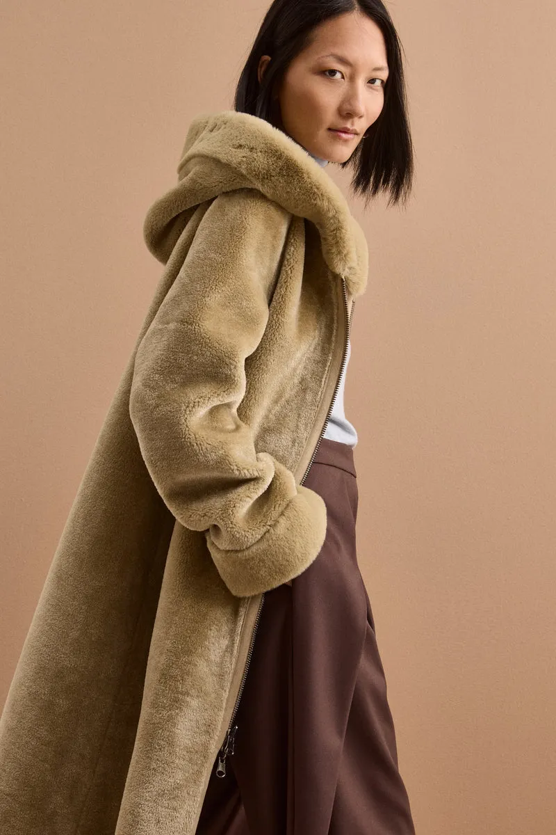 Cappotto Eco-Montone Reversibile con Cappuccio - VERDINO