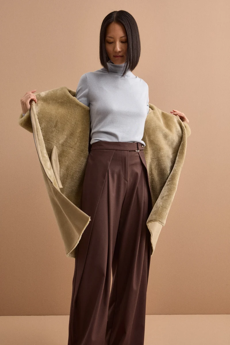 Cappotto Eco-Montone Reversibile con Cappuccio - VERDINO