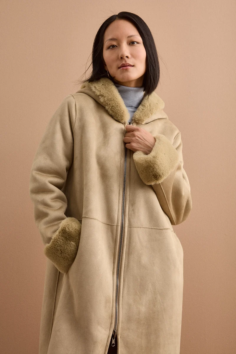 Cappotto Eco-Montone Reversibile con Cappuccio - VERDINO