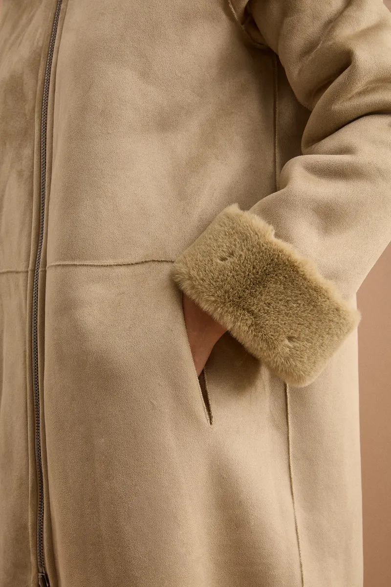 Cappotto Eco-Montone Reversibile con Cappuccio - VERDINO