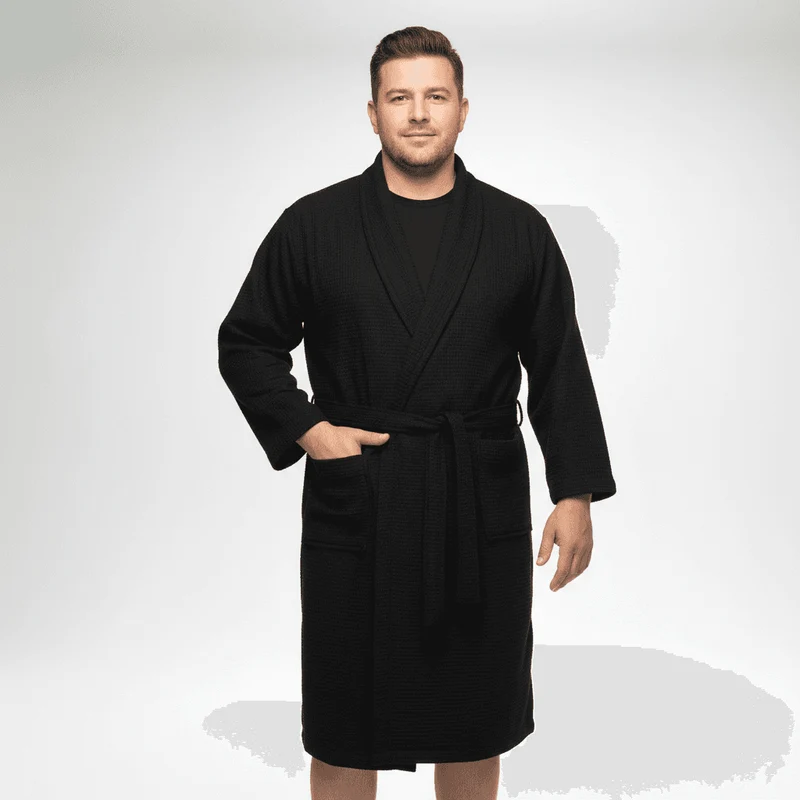 BigTiger Bademantel Waffelpiue Schwarz in Übergröße für Herren