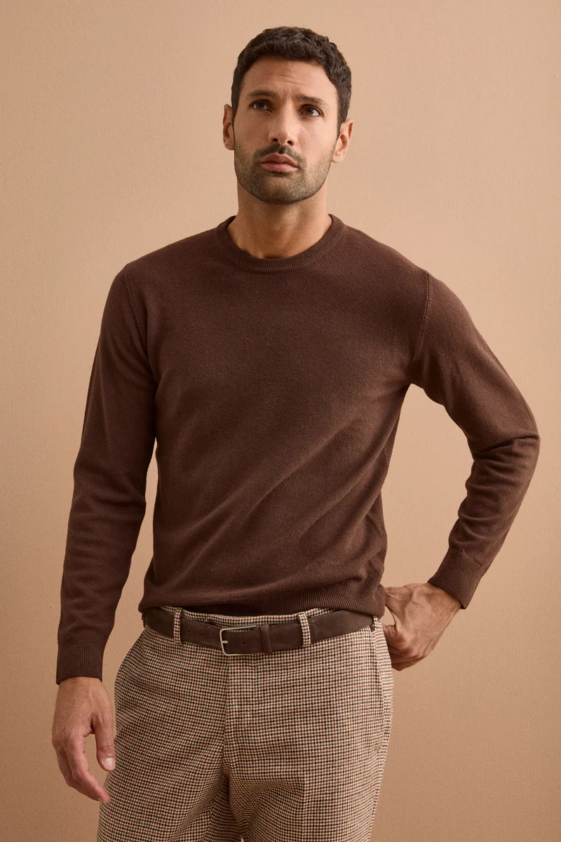 Maglia Girocollo in Pura Lana Merino - MARRONE