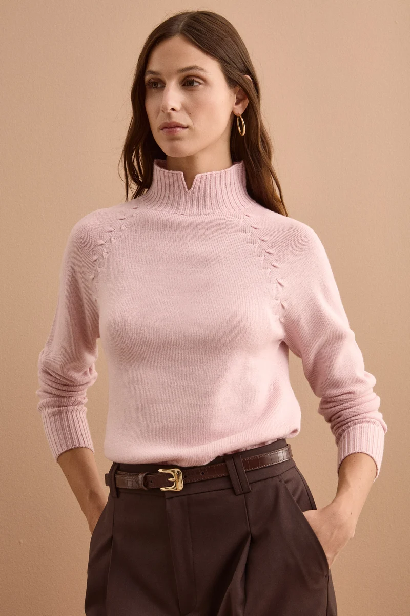 Lupetto Raglan in Lana Merino con Spacchetto - ROSA