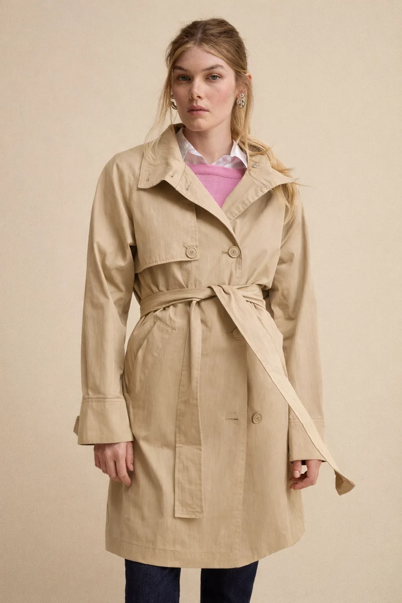 Trench Doppiopetto Midi con Cintura - SABBIA