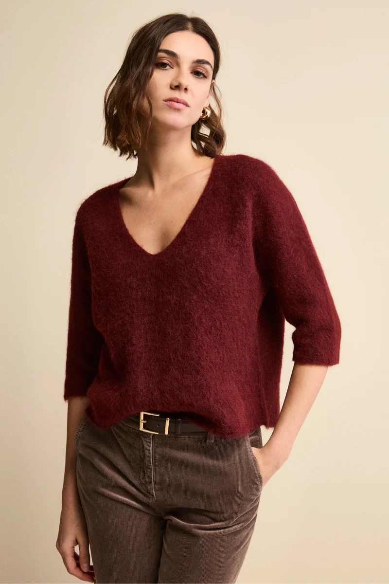 Maglia Boxy Scollo a V in Misto Alpaca - BORDEAUX