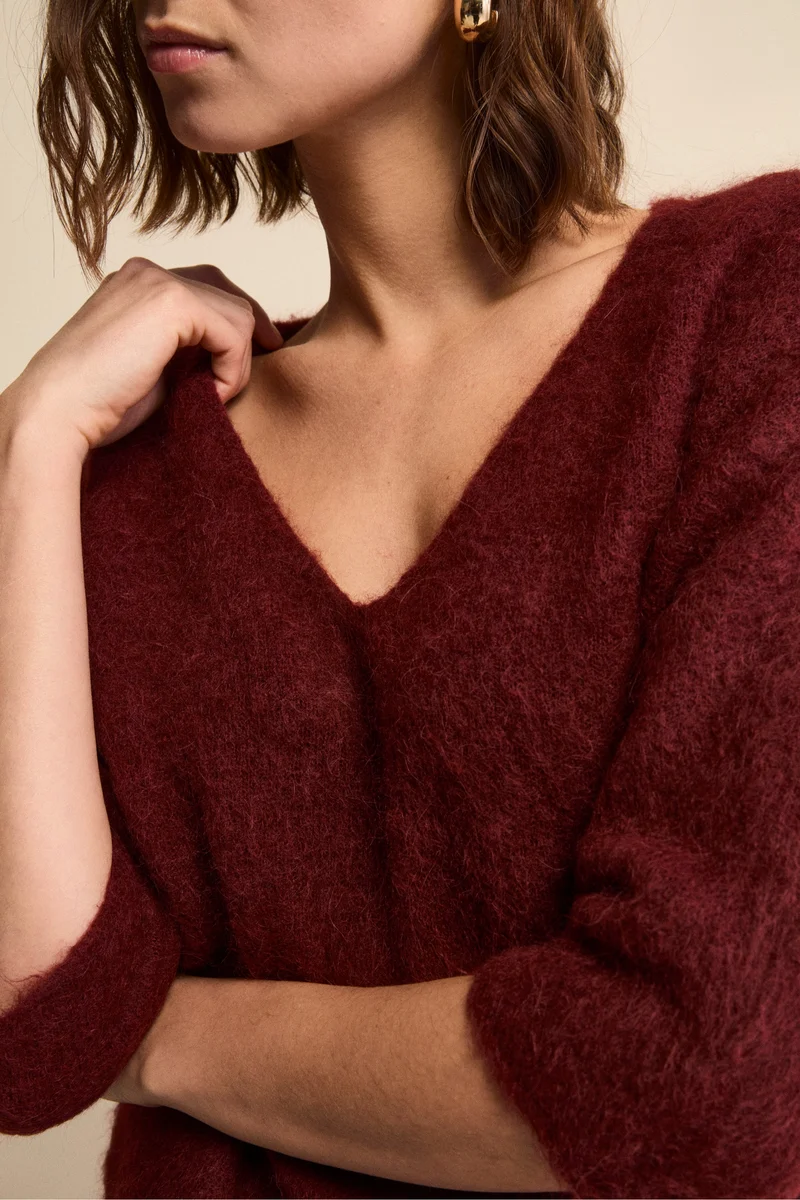 Maglia Boxy Scollo a V in Misto Alpaca - BORDEAUX