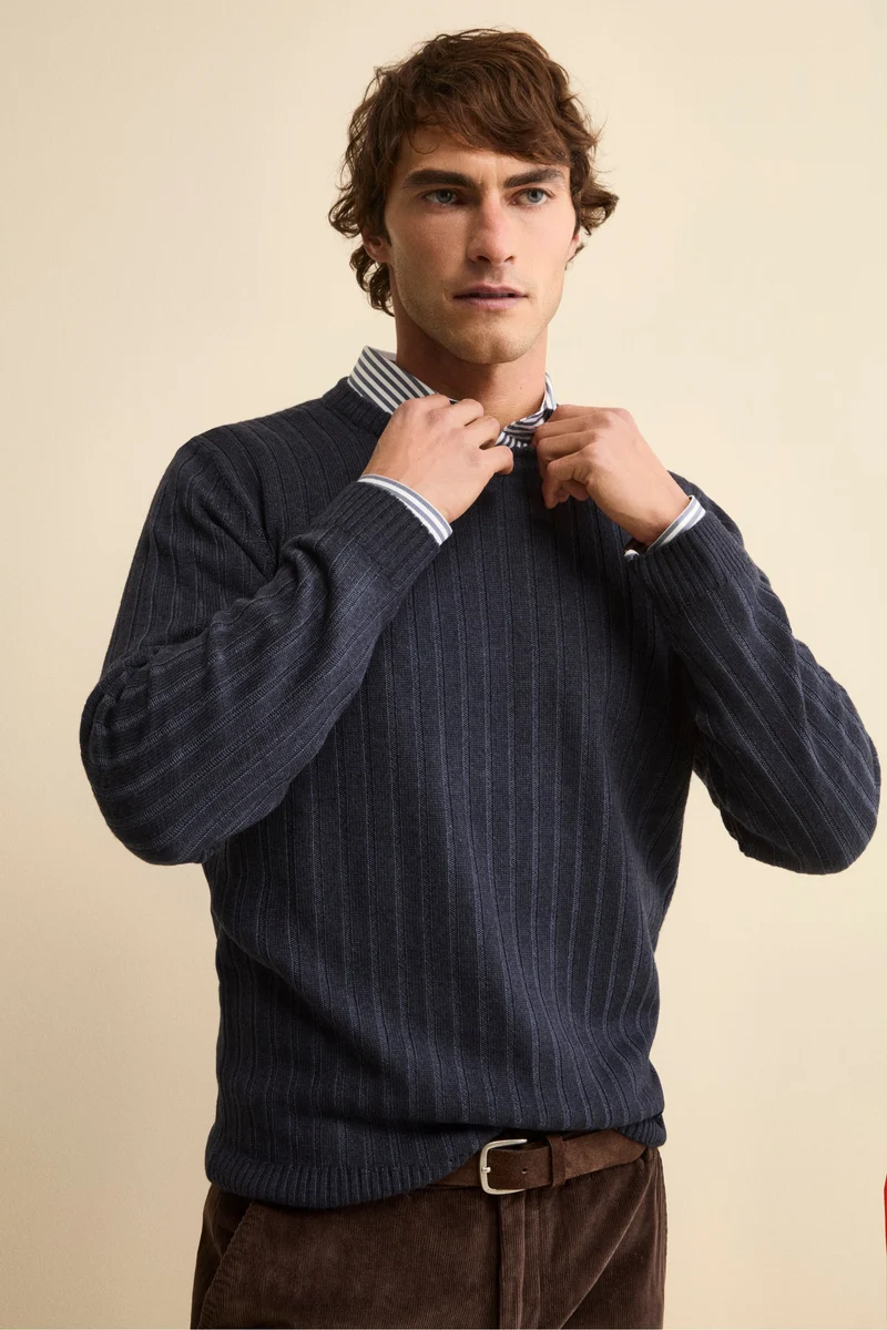 Girocollo a Coste in Lana Merino - BLU MARINE