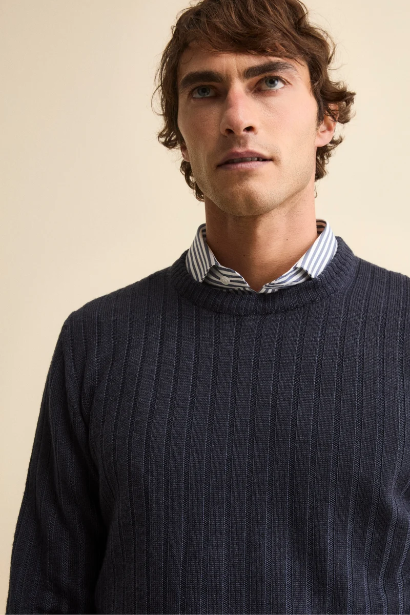 Girocollo a Coste in Lana Merino - BLU MARINE
