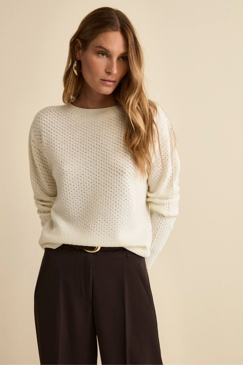 Maglia Girocollo Traforata in Lana Merino - ECRU