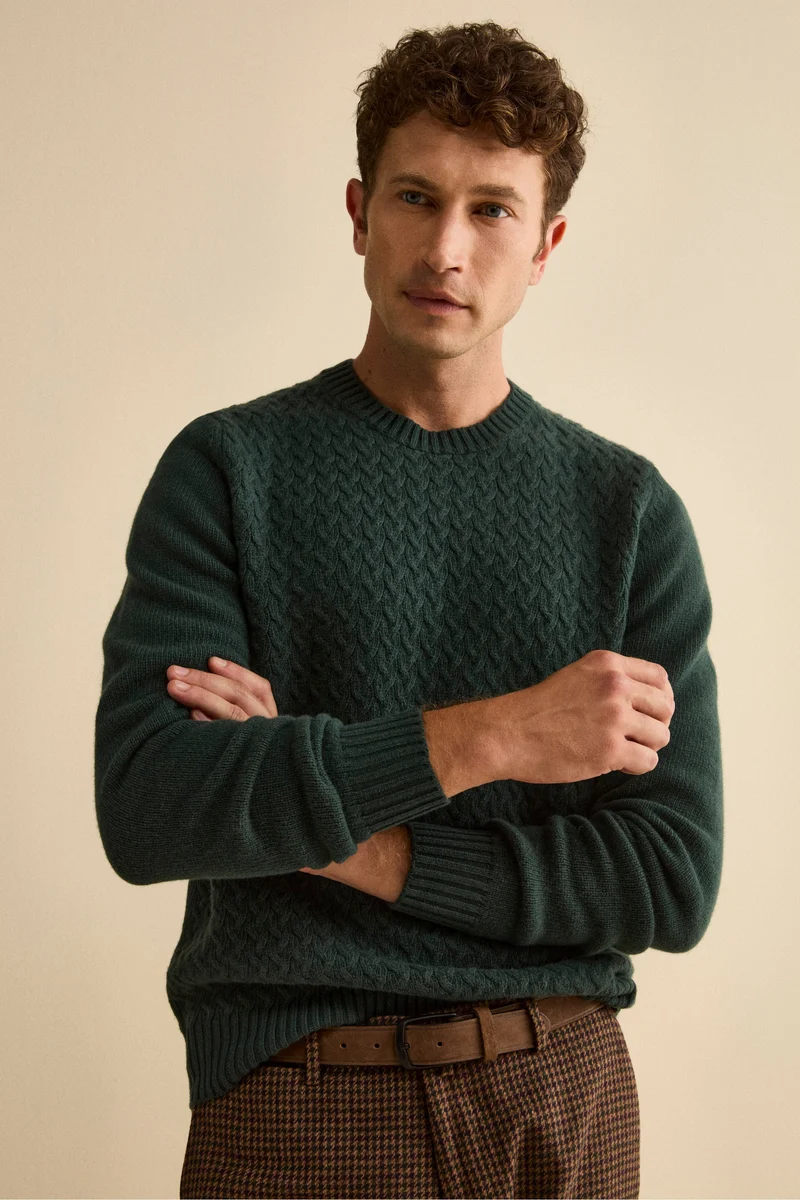 Maglia Girocollo in Lana a Trecce - VERDE