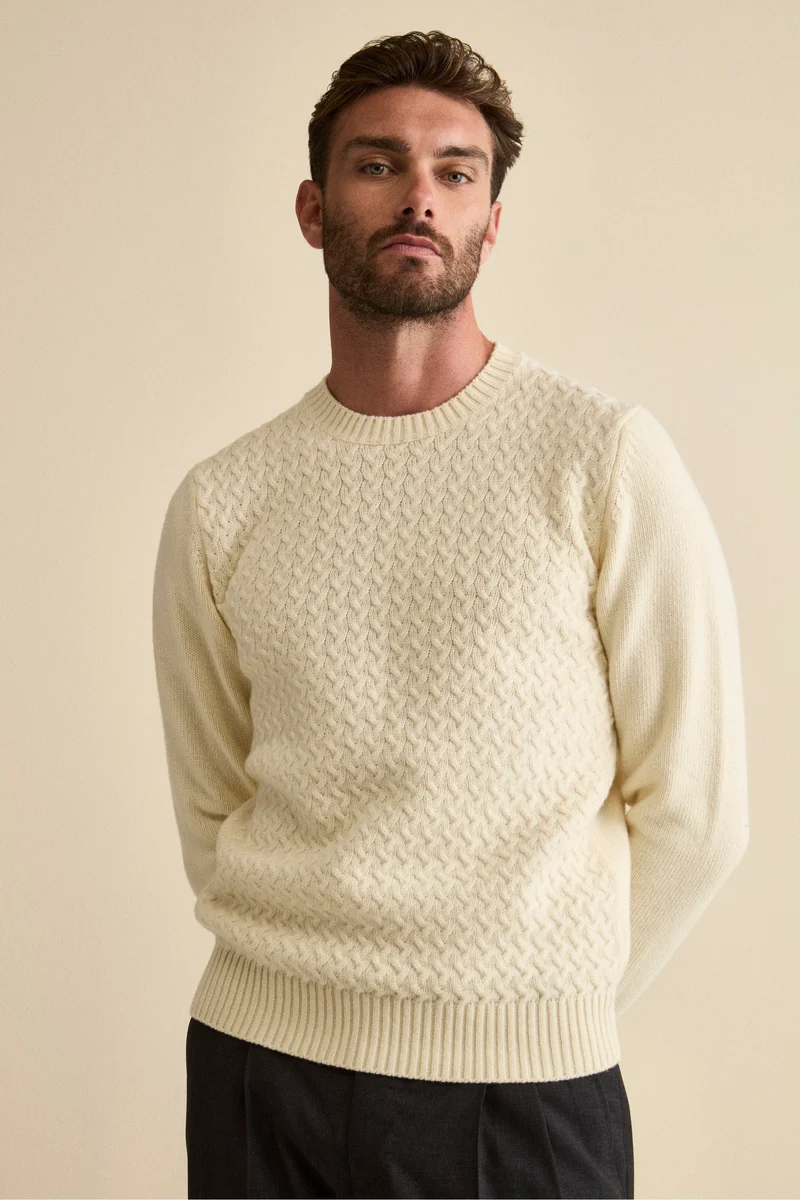 Maglia Girocollo in Lana a Trecce - LATTE