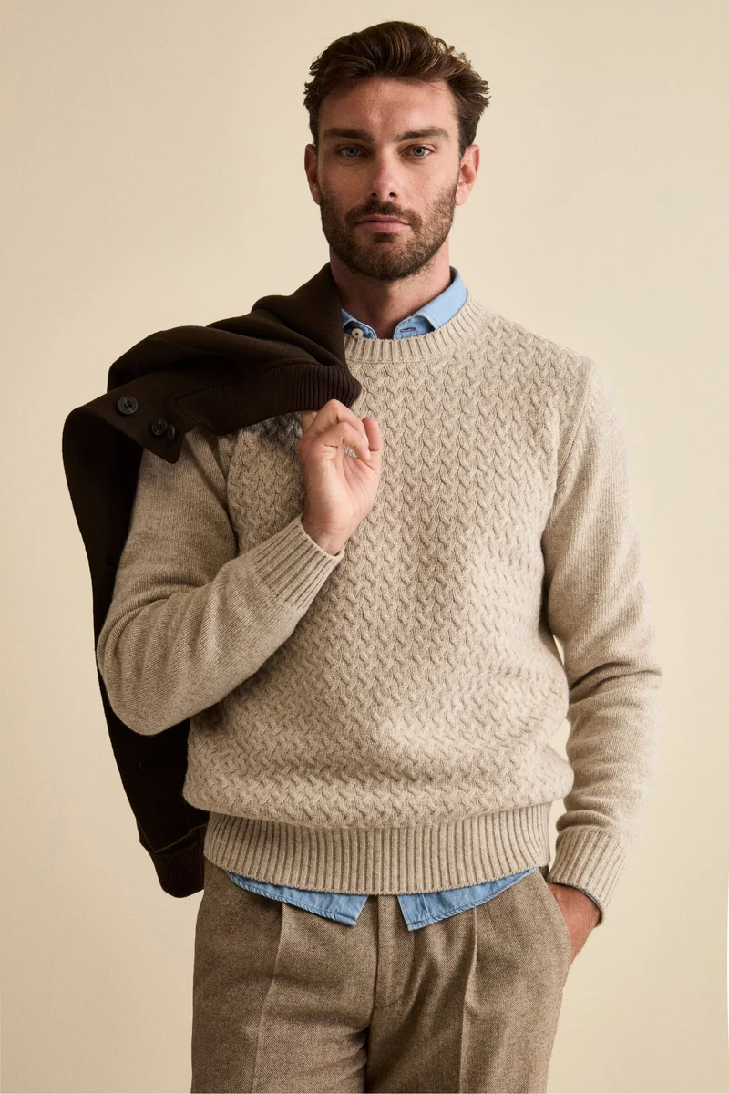 Maglia Girocollo in Lana a Trecce - NATURALE