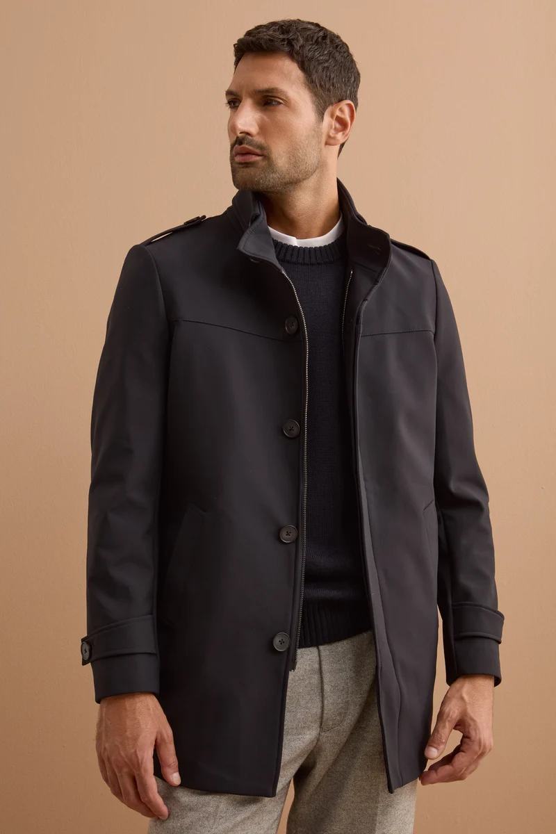 Impermeabile Stretch Monopetto con Zip - BLU