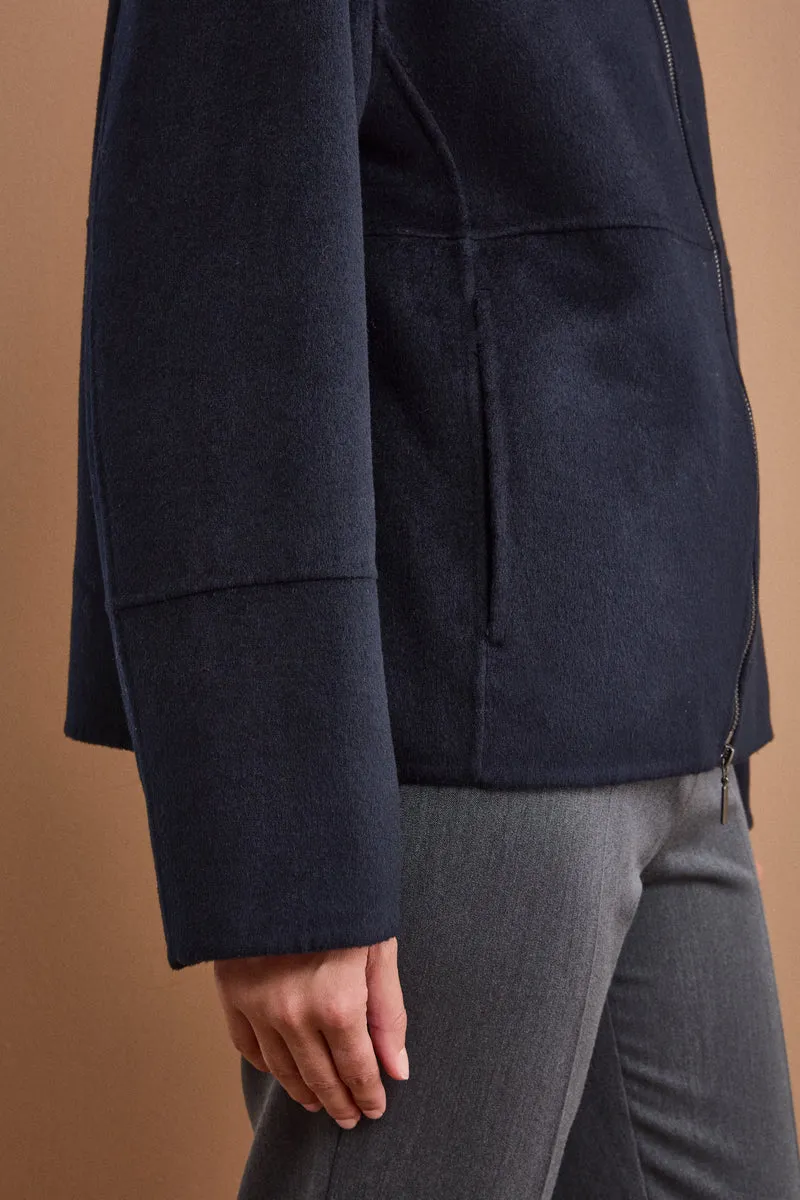 Bomber Boxy con Zip Sfoderato in Misto Lana - BLU