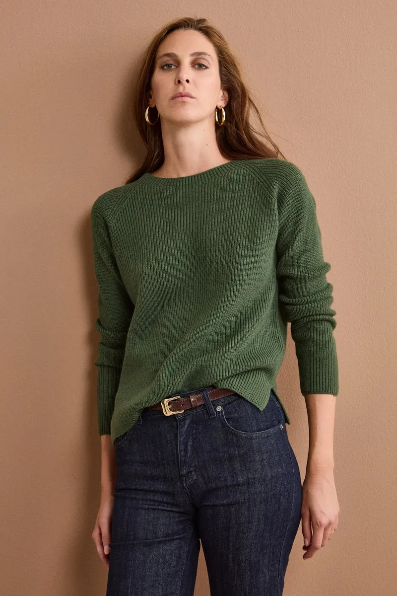 Maglia Girocollo a Coste Inglese in Lana Merino - VERDE MILITARE