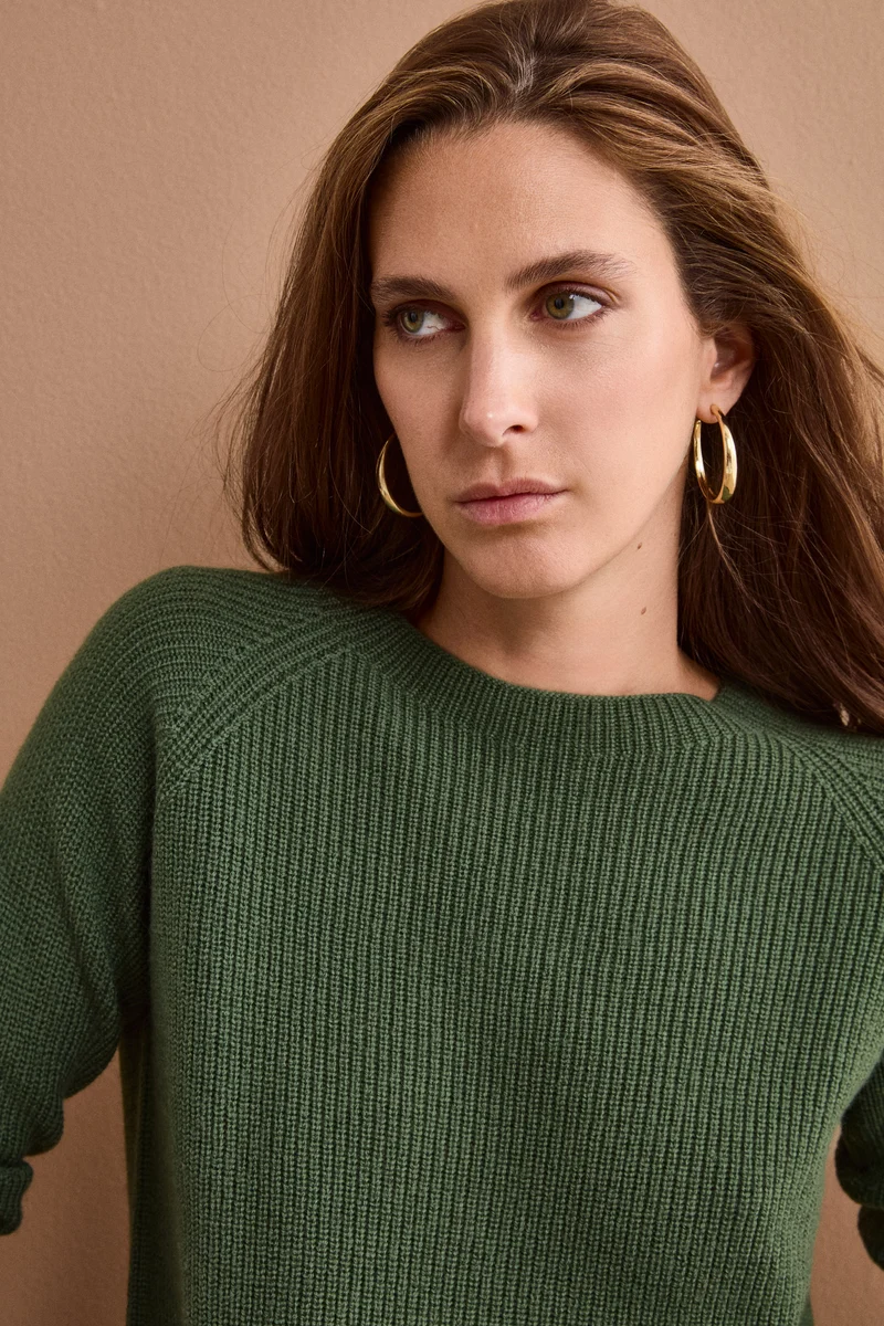 Maglia Girocollo a Coste Inglese in Lana Merino - VERDE MILITARE