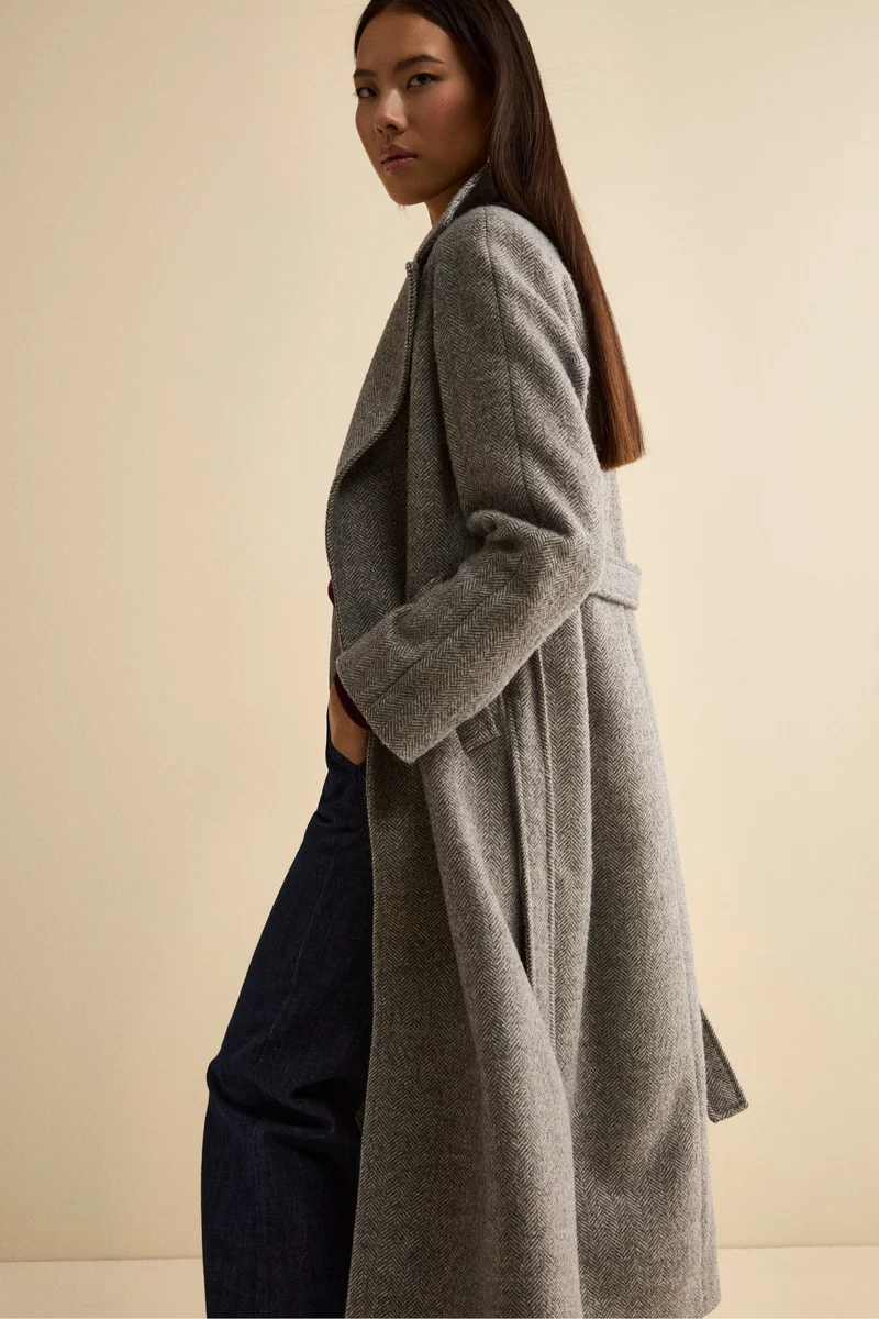 Cappotto Vestaglia con Cintura in Misto Lana - GRIGIO SPIGATO