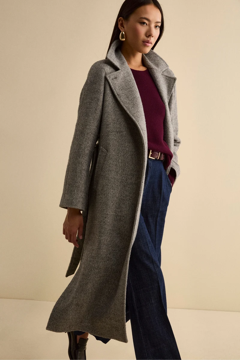 Cappotto Vestaglia con Cintura in Misto Lana - GRIGIO SPIGATO