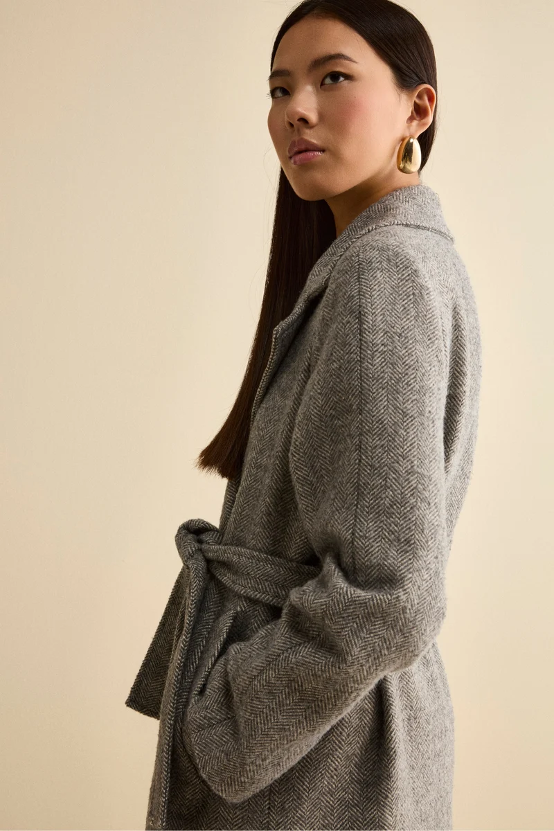 Cappotto Vestaglia con Cintura in Misto Lana - GRIGIO SPIGATO