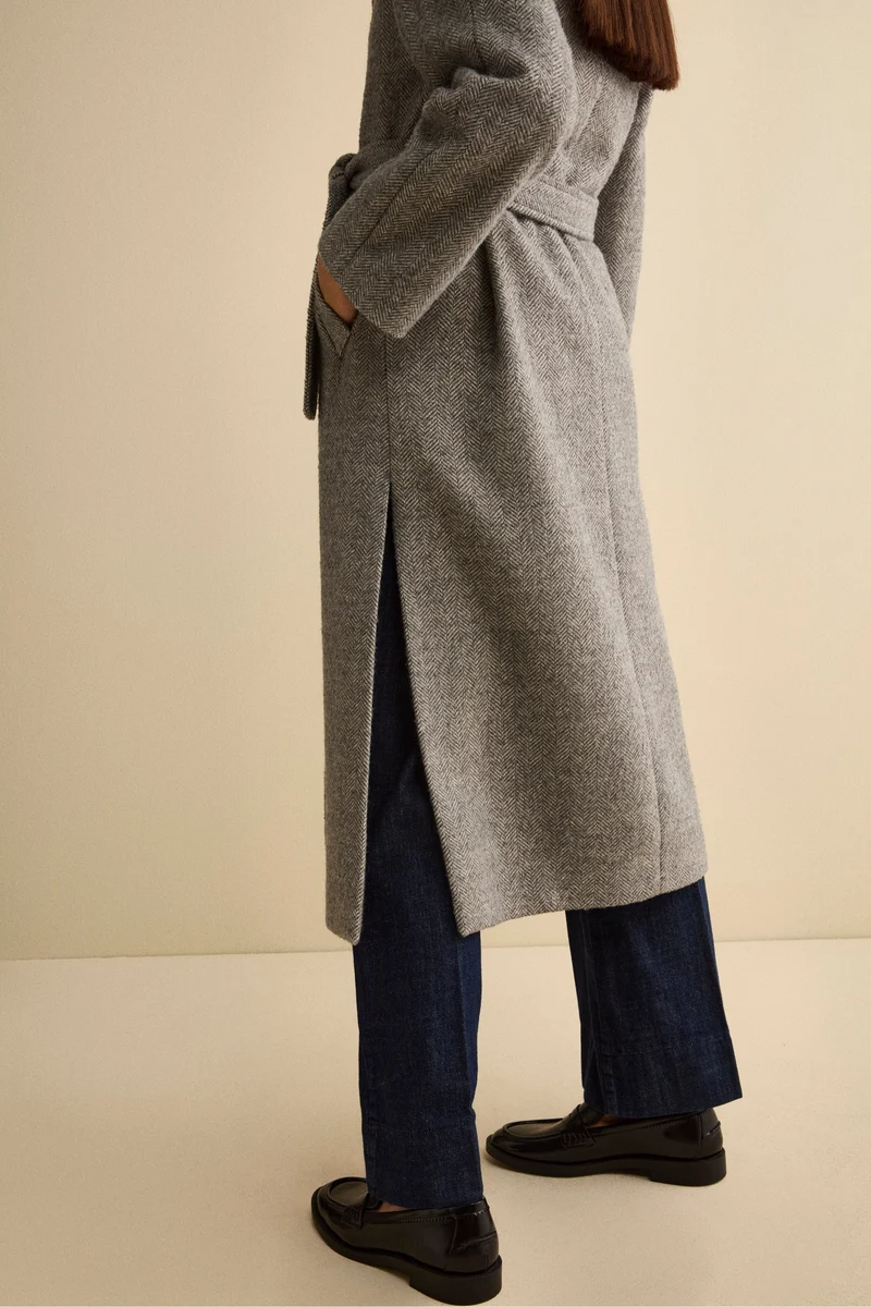 Cappotto Vestaglia con Cintura in Misto Lana - GRIGIO SPIGATO